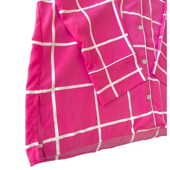 Natori Women Pink Button Up Sleepwear Shirt Size S Windowpane Print Long Sleeve - Picture 4 of 8